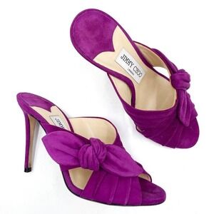 Jimmy‎ Choo Keely Suede Mules Heels Purple Bow Knot Heels Open Toe Sz 36 / 6